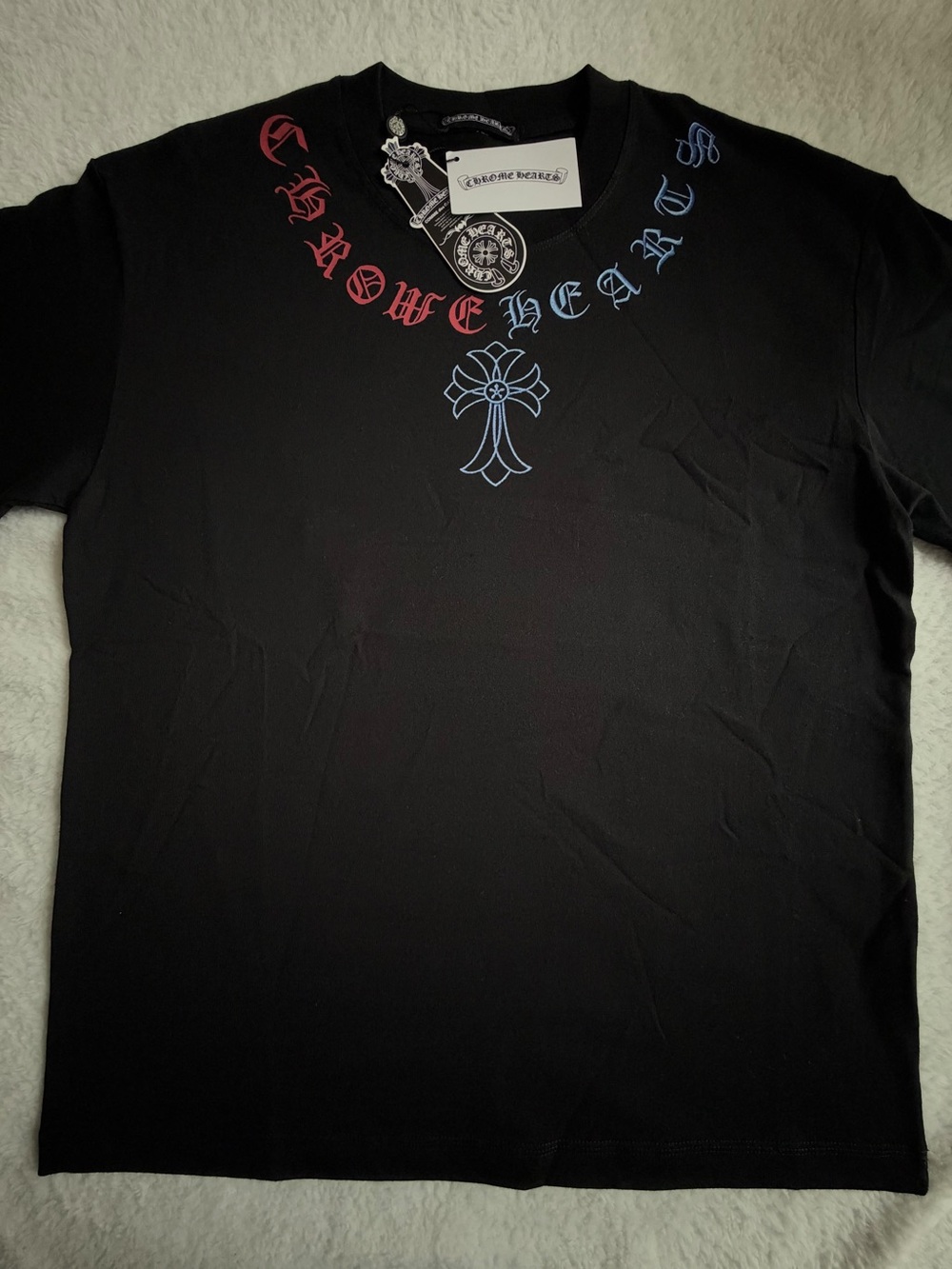 Chrome Hearts Black Tee with Red and Blue Neck Script